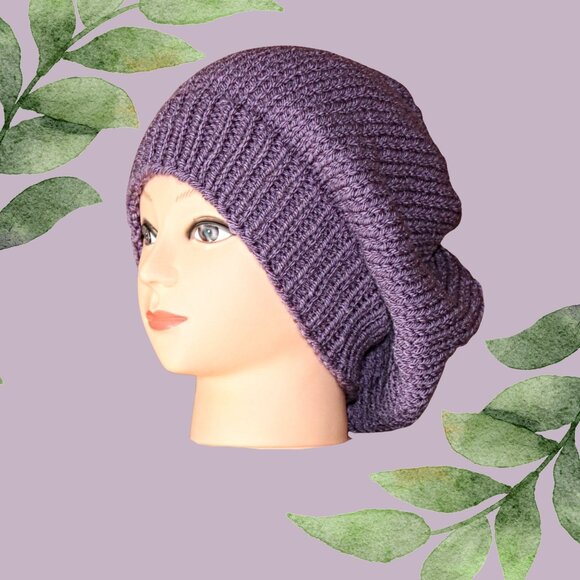 Hand Knit Slouchy Beanie: Stretchy Purple Acrylic Hat - Picture 1 of 5